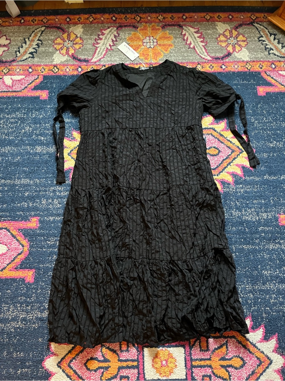 Black Tiered Short-Sleeve Dress with Tie Cuffs
